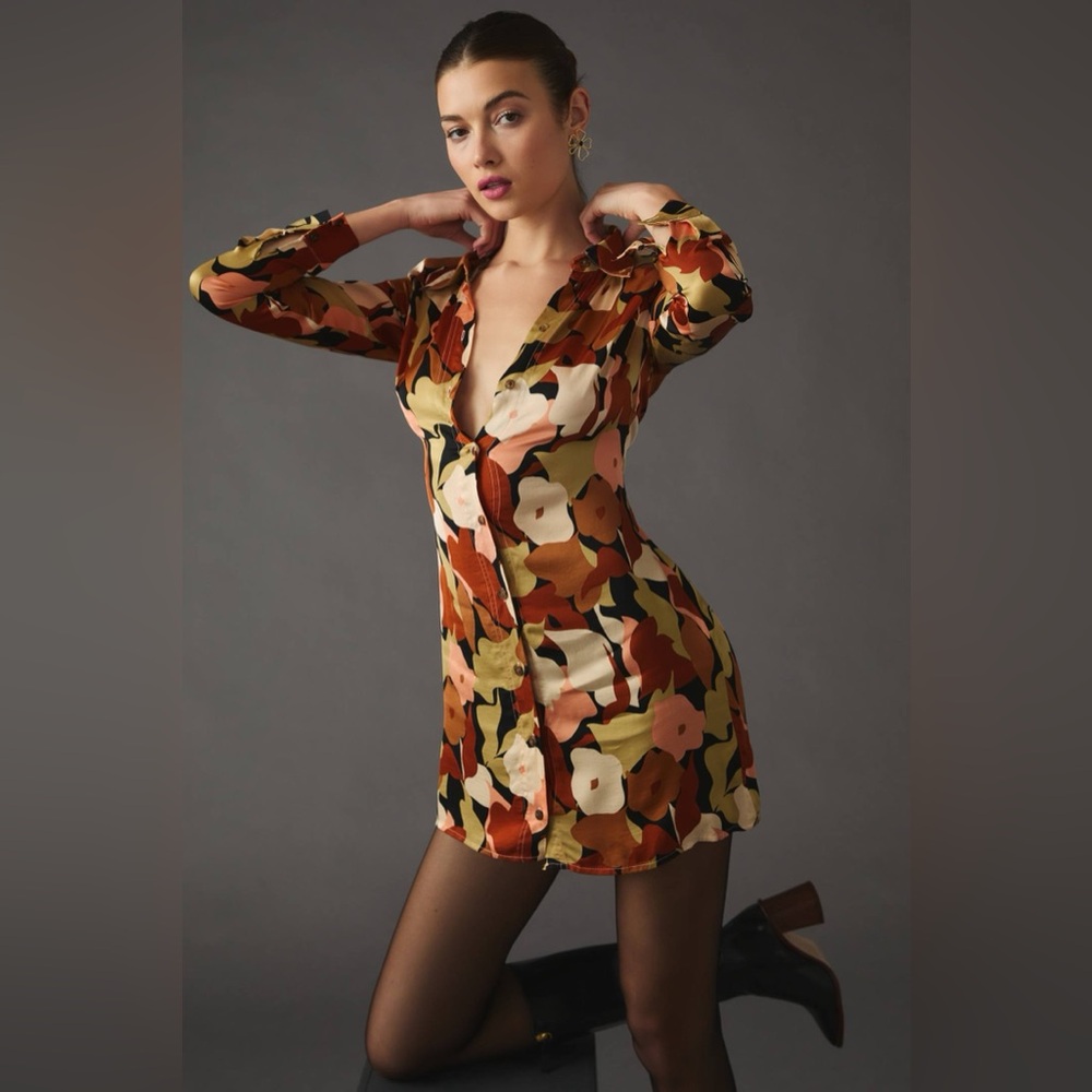 ๐(NWT) ASTR the Label Long-Sleeved Satin Floral Shirt Dress. XL - Picture 2 of 8